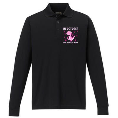 Dinosaur In October We Wear Pink Breast Cancer Boys Performance Long Sleeve Polo