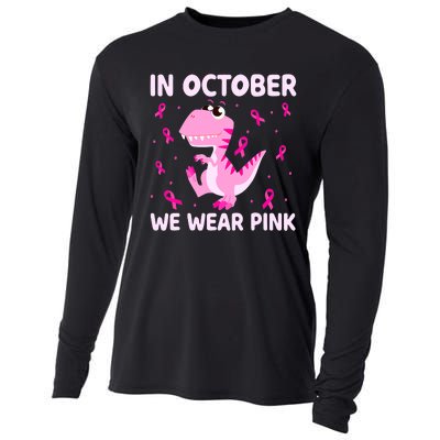 Dinosaur In October We Wear Pink Breast Cancer Boys Cooling Performance Long Sleeve Crew