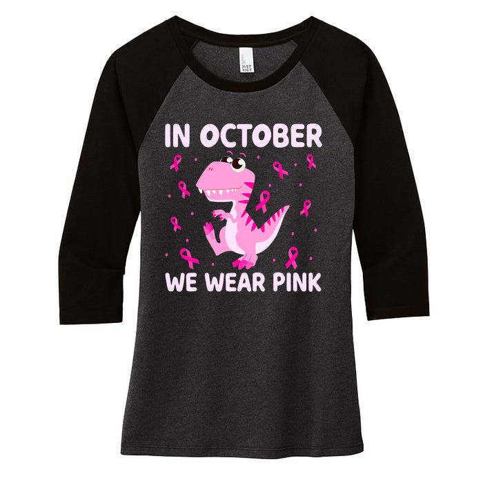 Dinosaur In October We Wear Pink Breast Cancer Boys Women's Tri-Blend 3/4-Sleeve Raglan Shirt