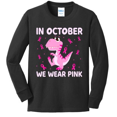 Dinosaur In October We Wear Pink Breast Cancer Boys Kids Long Sleeve Shirt