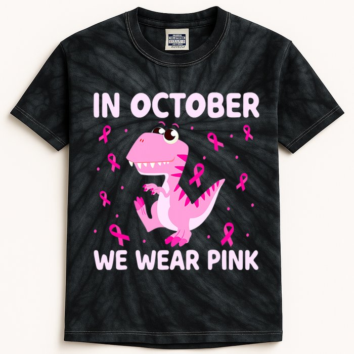 Dinosaur In October We Wear Pink Breast Cancer Boys Kids Tie-Dye T-Shirt