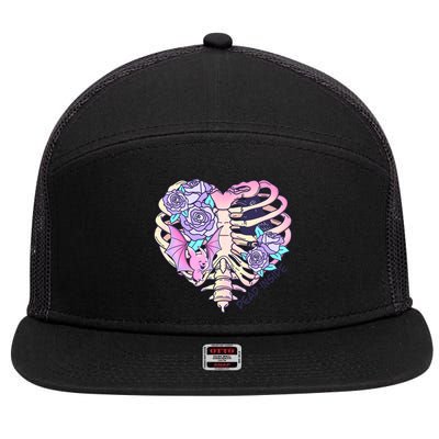 Dead Inside Pink Skeleton Chest Crow Heart Roses Halloween Gift 7 Panel Mesh Trucker Snapback Hat