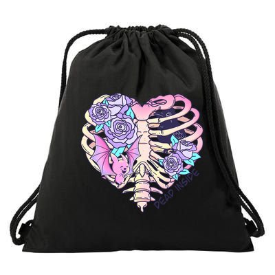 Dead Inside Pink Skeleton Chest Crow Heart Roses Halloween Gift Drawstring Bag