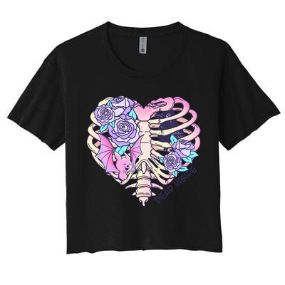 Dead Inside Pink Skeleton Chest Crow Heart Roses Halloween Gift Women's Crop Top Tee