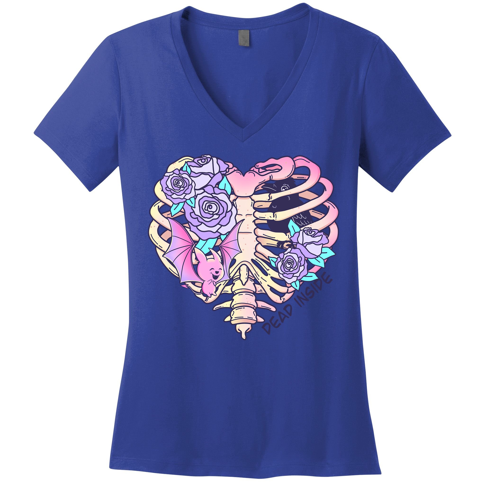 Dead Inside Pink Skeleton Chest Crow Heart Roses Halloween Gift Women's V-Neck T-Shirt