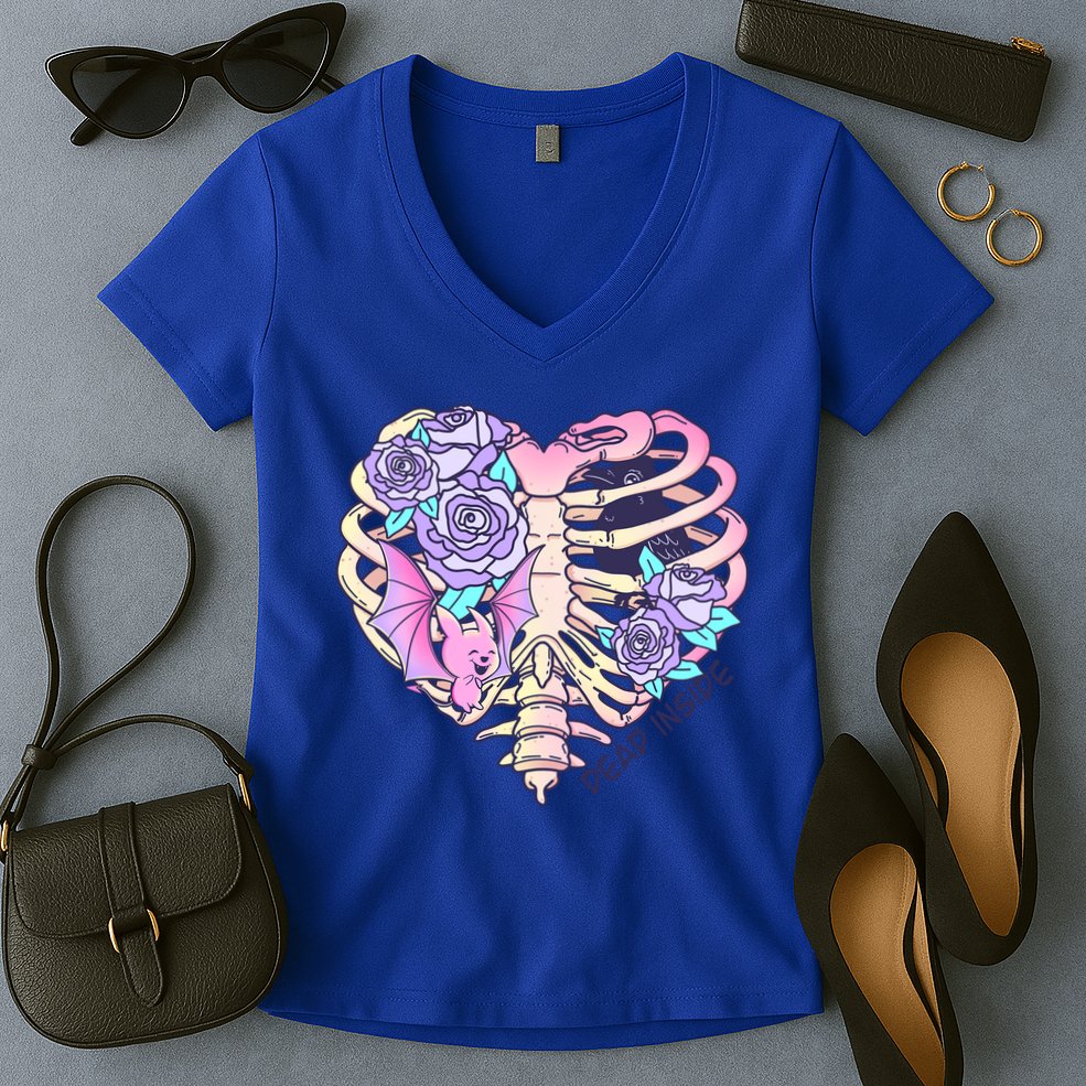 Dead Inside Pink Skeleton Chest Crow Heart Roses Halloween Gift Women's V-Neck T-Shirt