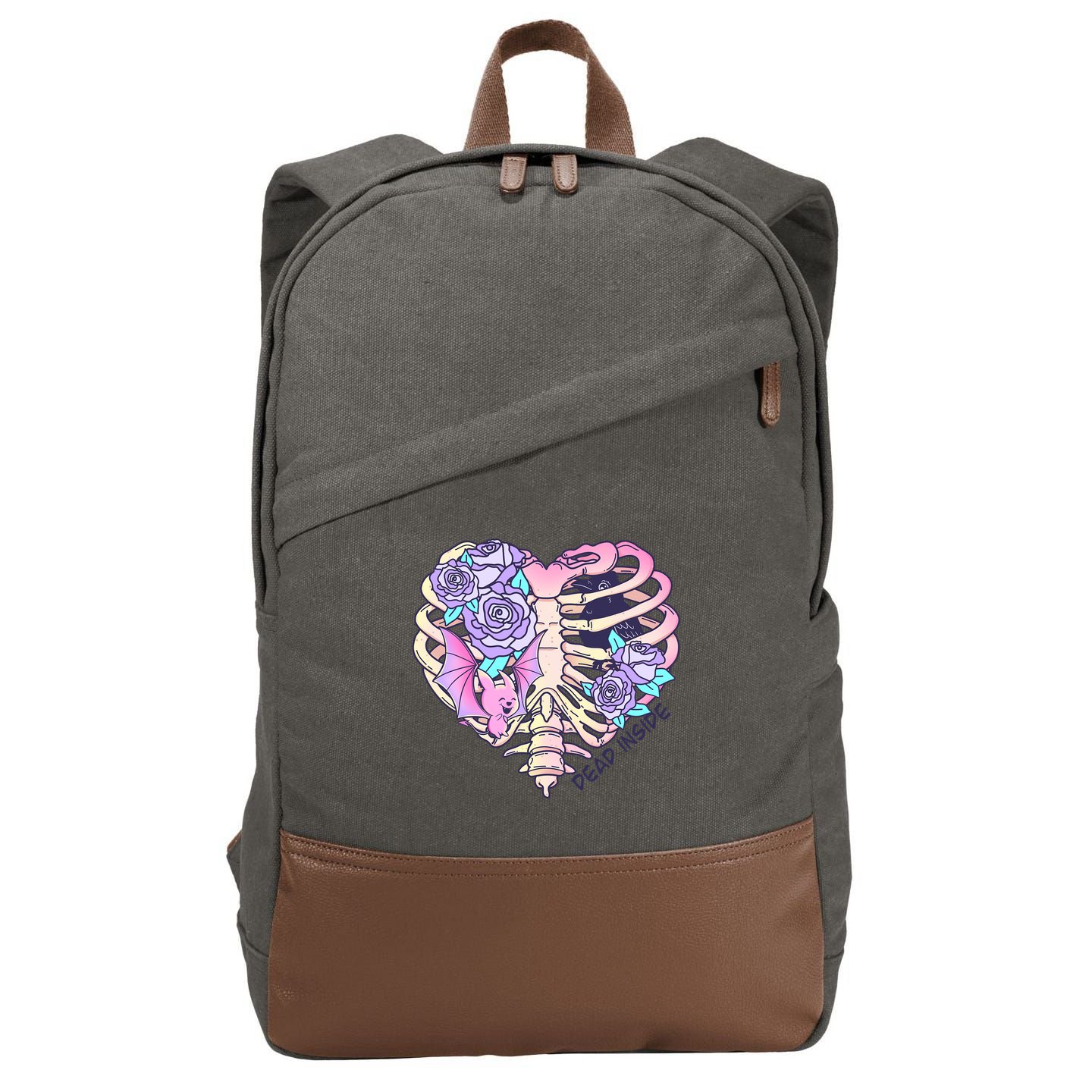 Dead Inside Pink Skeleton Chest Crow Heart Roses Halloween Gift Cotton Canvas Backpack