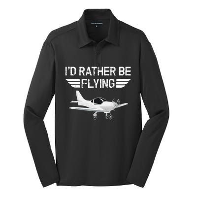 Distressed I'd Rather Be Flying Funny Airplane Pilot Silk Touch Performance Long Sleeve Polo