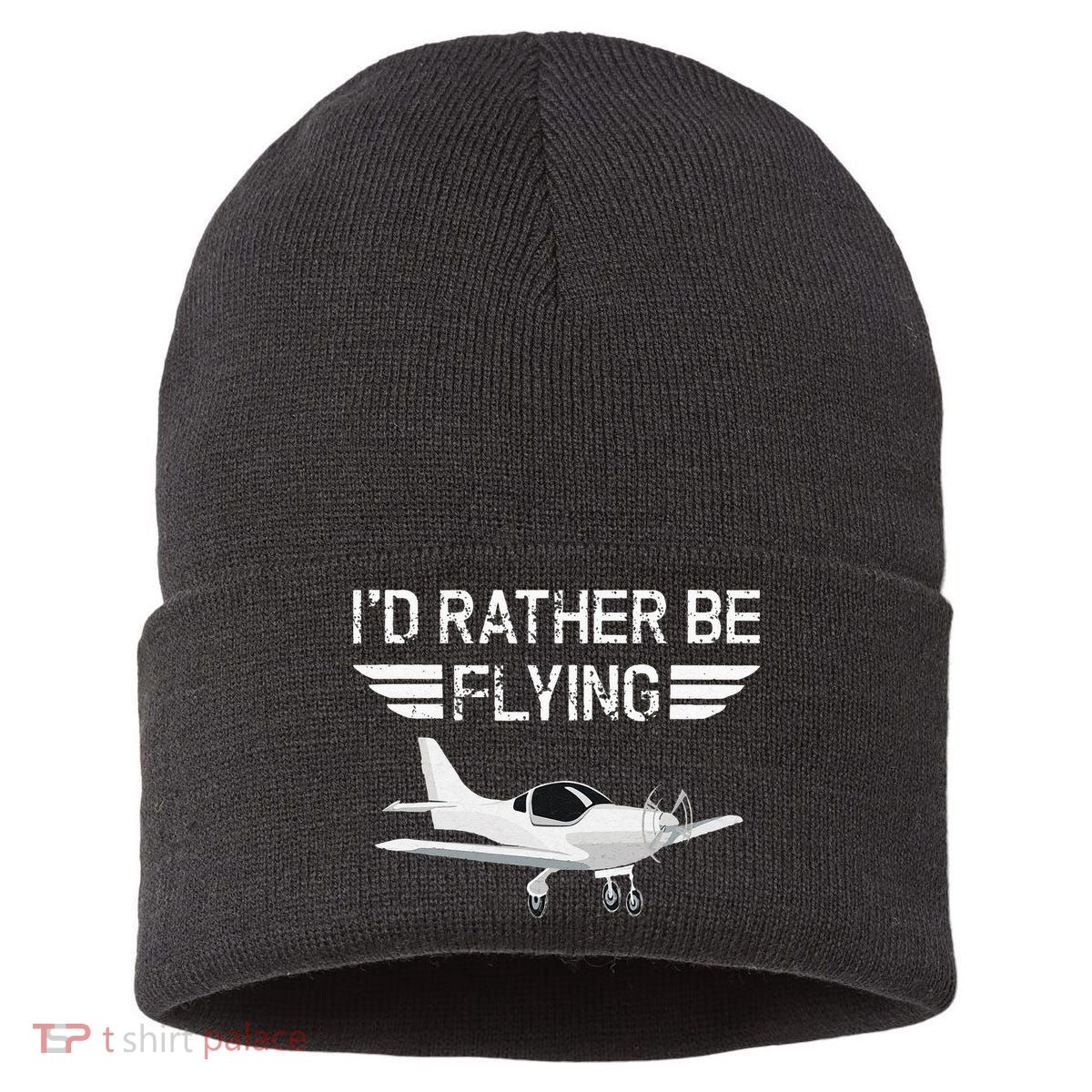 Distressed I'd Rather Be Flying Funny Airplane Pilot Sustainable Knit Beanie