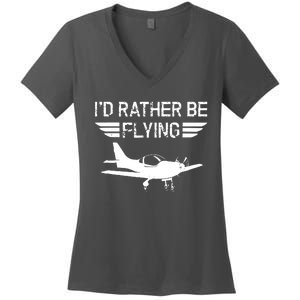 Distressed Id Rather Be Flying Funny Airplane Pilot Women's V-Neck T-Shirt