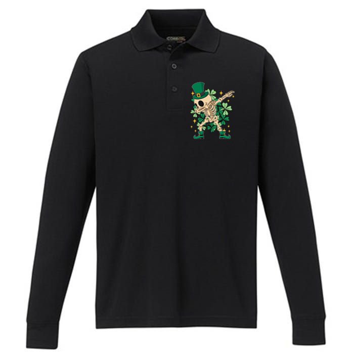 Dabbing Irish Skeleton Clover St Patricks Day Performance Long Sleeve Polo