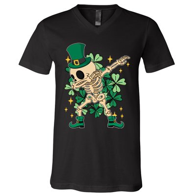 Dabbing Irish Skeleton Clover St Patricks Day V-Neck T-Shirt