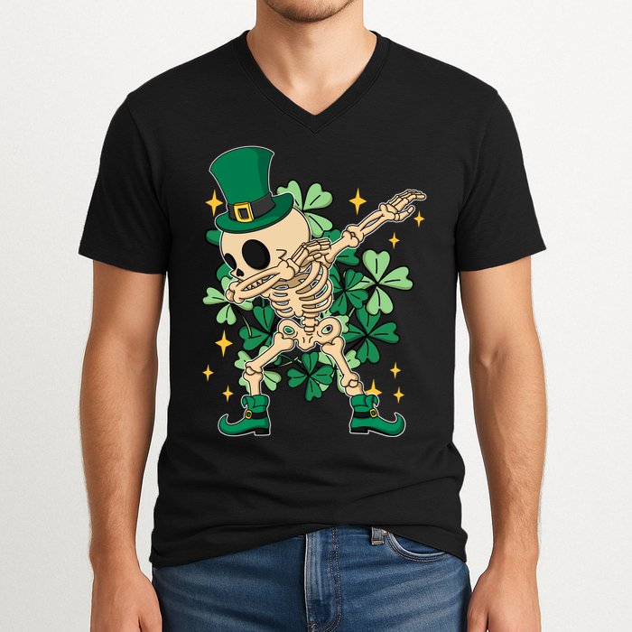 Dabbing Irish Skeleton Clover St Patricks Day V-Neck T-Shirt