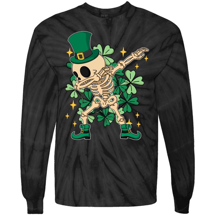 Dabbing Irish Skeleton Clover St Patricks Day Tie-Dye Long Sleeve Shirt