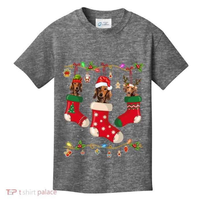 Dachshund In Socks Christmas Stocking Lights Gift Xmas Kids T-Shirt
