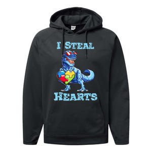 Dinosaur I Steal Hearts Autism Awareness Valentines Day Performance Fleece Hoodie