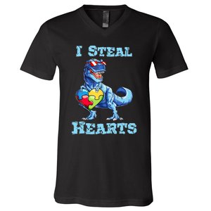 Dinosaur I Steal Hearts Autism Awareness Valentines Day V-Neck T-Shirt