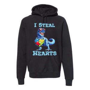 Dinosaur I Steal Hearts Autism Awareness Valentines Day Premium Hoodie