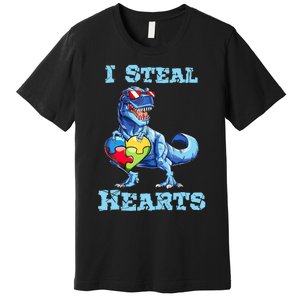 Dinosaur I Steal Hearts Autism Awareness Valentines Day Premium T-Shirt