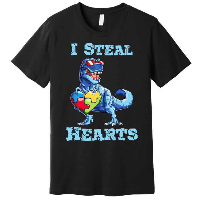 Dinosaur I Steal Hearts Autism Awareness Valentines Day Premium T-Shirt