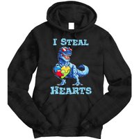 Dinosaur I Steal Hearts Autism Awareness Valentines Day Tie Dye Hoodie