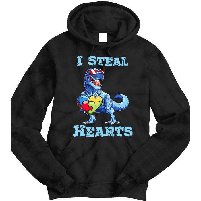 Dinosaur I Steal Hearts Autism Awareness Valentines Day Tie Dye Hoodie