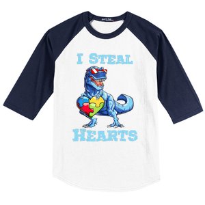 Dinosaur I Steal Hearts Autism Awareness Valentines Day Baseball Sleeve Shirt