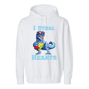 Dinosaur I Steal Hearts Autism Awareness Valentines Day Garment-Dyed Fleece Hoodie