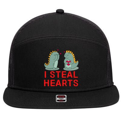 Dinosaur I Steal Hearts Valentines Day 7 Panel Mesh Trucker Snapback Hat