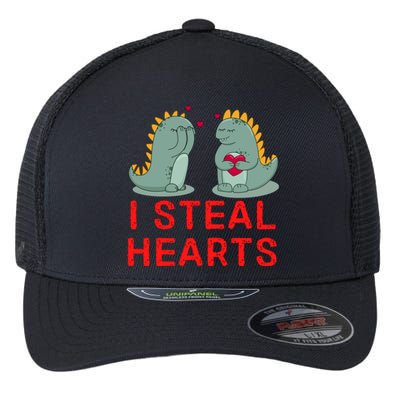 Dinosaur I Steal Hearts Valentines Day Flexfit Unipanel Trucker Cap