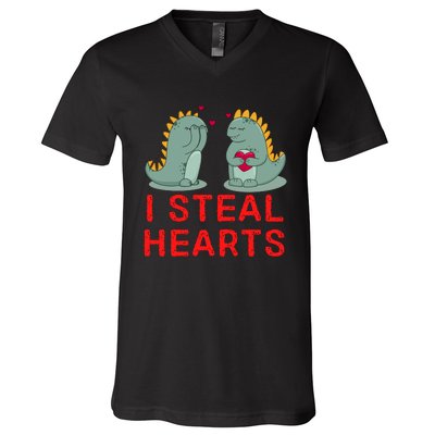 Dinosaur I Steal Hearts Valentines Day V-Neck T-Shirt