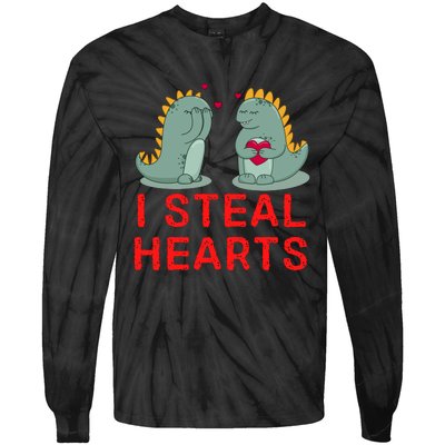 Dinosaur I Steal Hearts Valentines Day Tie-Dye Long Sleeve Shirt