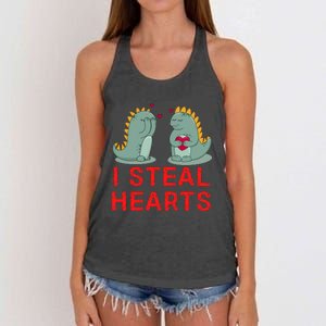 Dinosaur I Steal Hearts Valentines Day Women's Knotted Racerback Tank