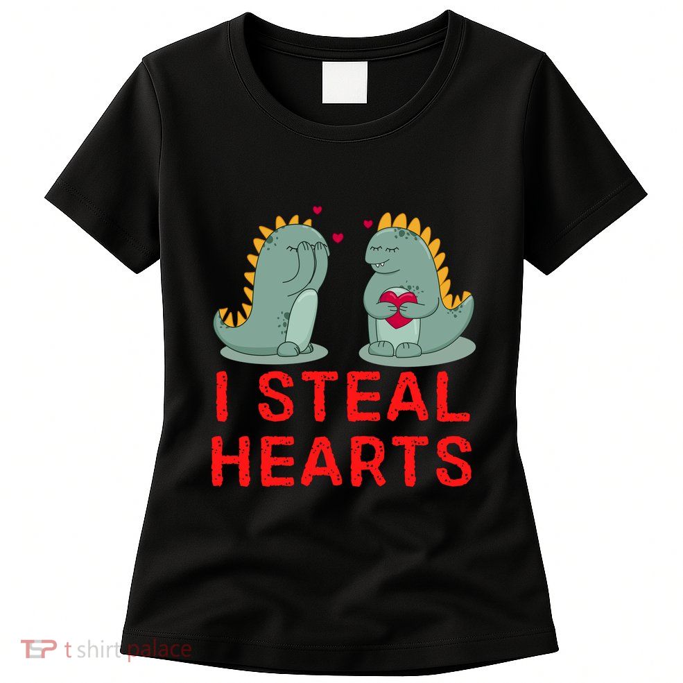 Dinosaur I Steal Hearts Valentines Day Womens T-Shirt
