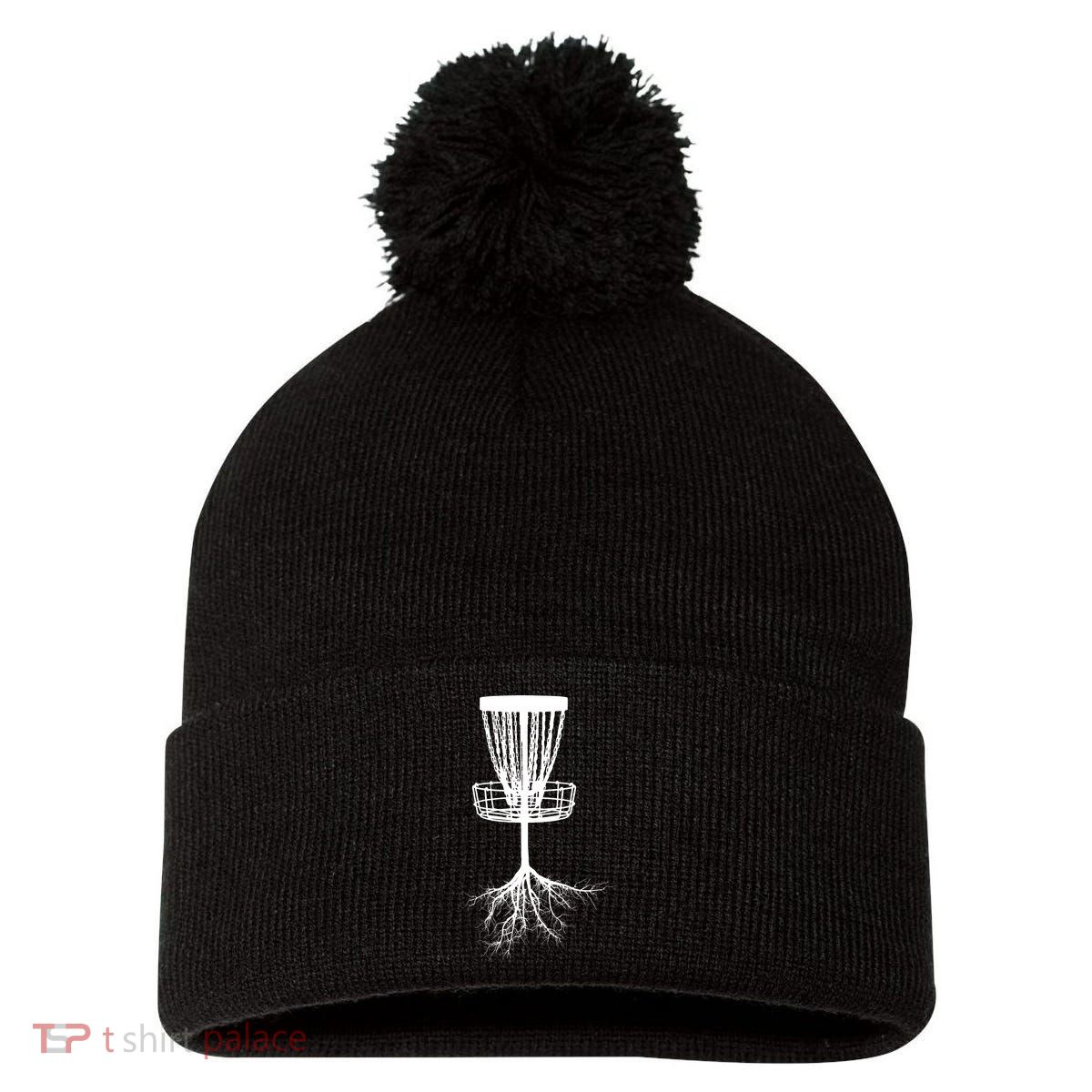 Disk Golf Tree Roots Funny Sports Pom Pom 12in Knit Beanie