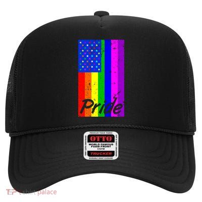 Distress Gay Pride American Flag LGBT High Crown Mesh Back Trucker Hat