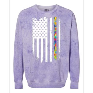 Distress Thin Puzzle Line Autism Awareness Tribute Flag Colorblast Crewneck Sweatshirt