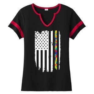 Distress Thin Puzzle Line Autism Awareness Tribute Flag Ladies Halftime Notch Neck Tee