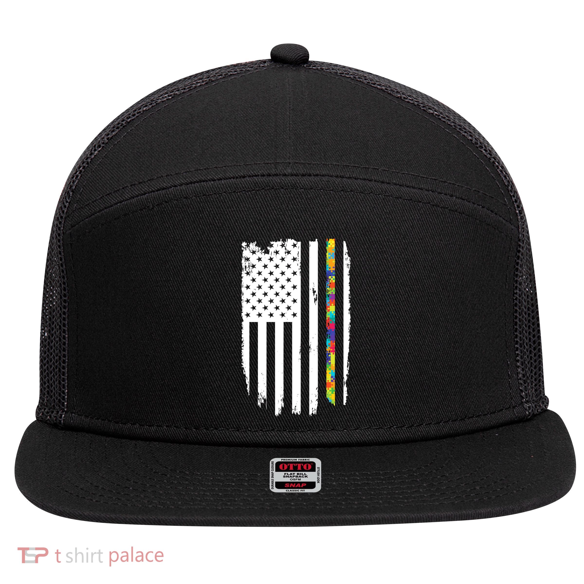 Distress Thin Puzzle Line Autism Awareness Tribute Flag 7 Panel Mesh Trucker Snapback Hat
