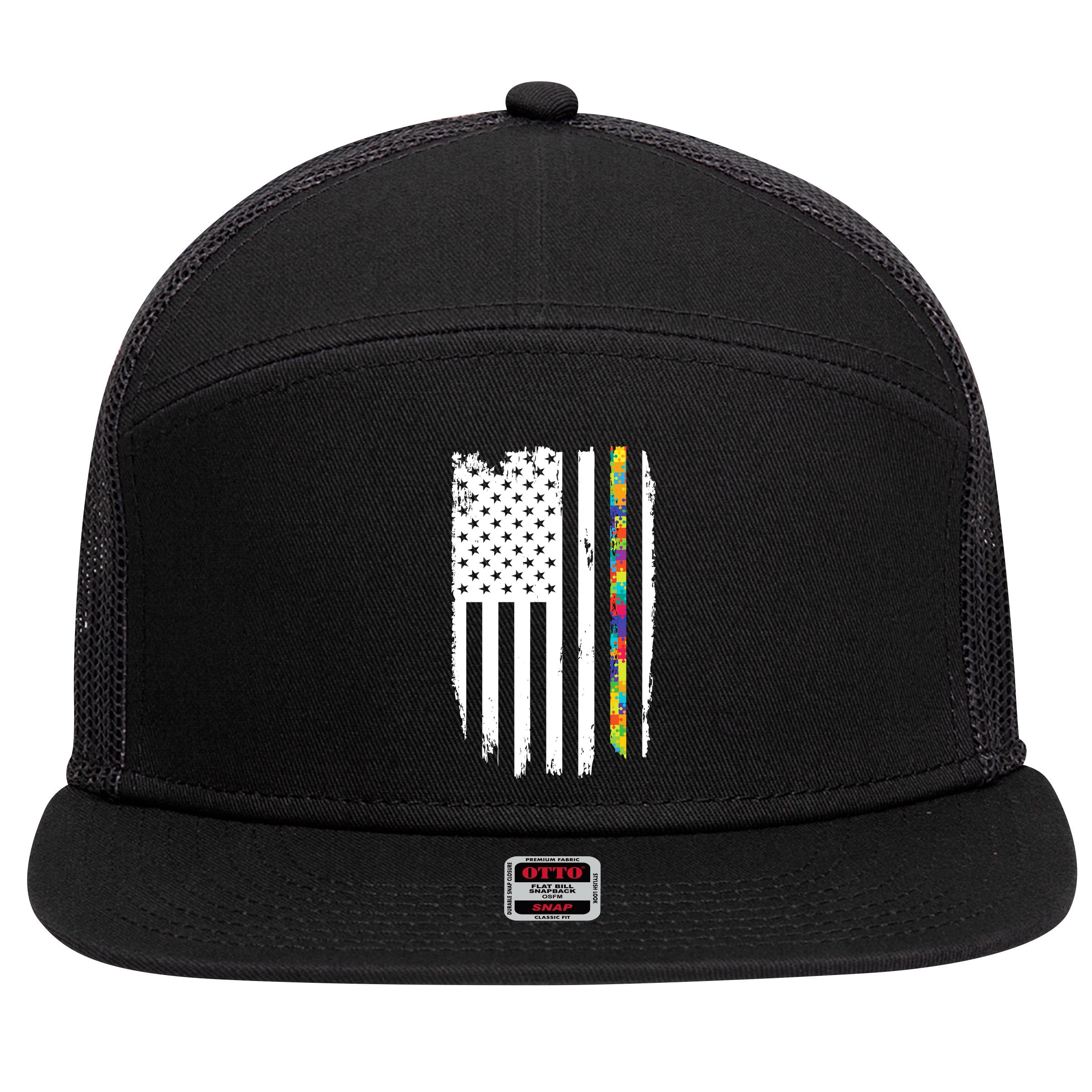 Distress Thin Puzzle Line Autism Awareness Tribute Flag 7 Panel Mesh Trucker Snapback Hat