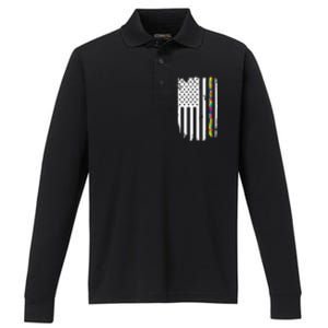 Distress Thin Puzzle Line Autism Awareness Tribute Flag Performance Long Sleeve Polo