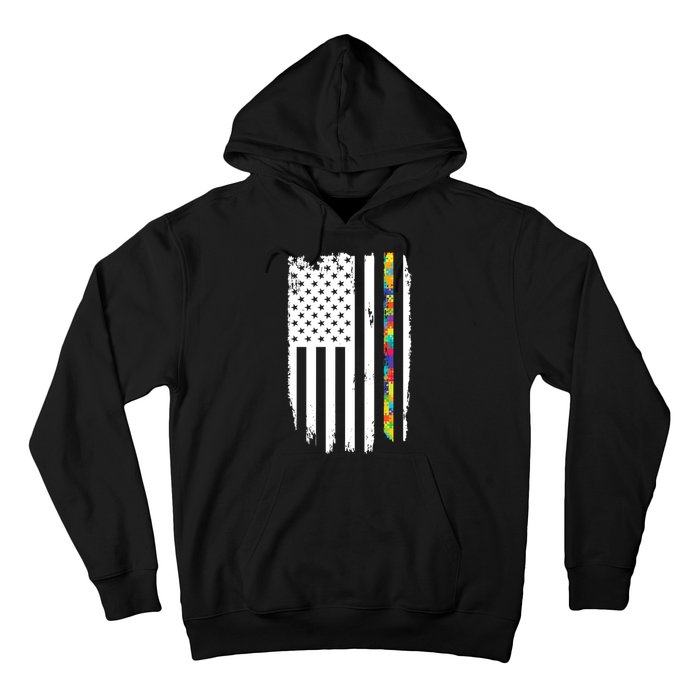 Distress Thin Puzzle Line Autism Awareness Tribute Flag Hoodie