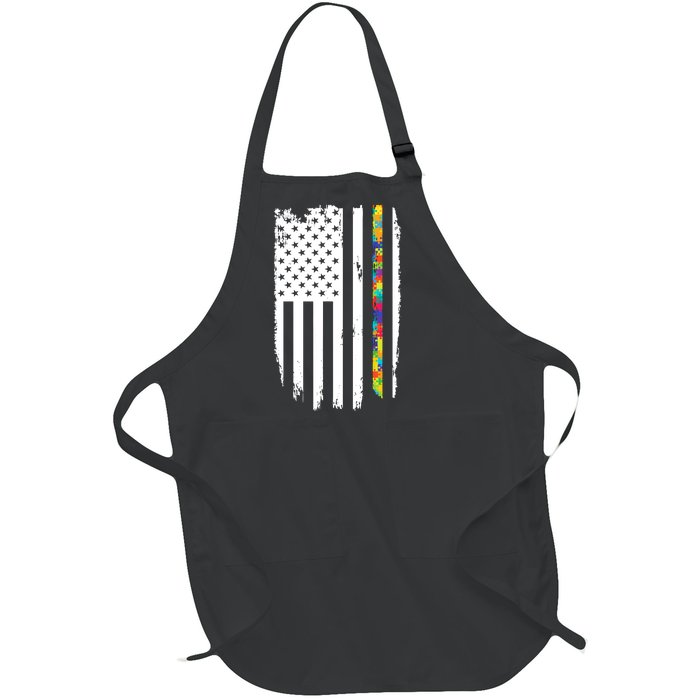 Distress Thin Puzzle Line Autism Awareness Tribute Flag Full-Length Apron With Pockets