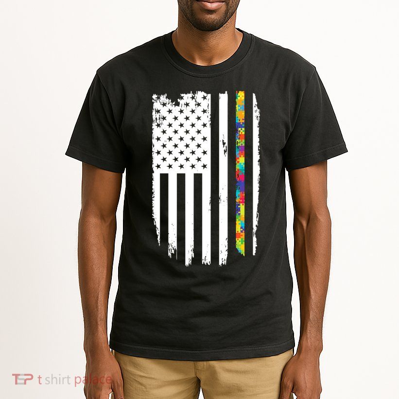 Distress Thin Puzzle Line Autism Awareness Tribute Flag Tall T-Shirt