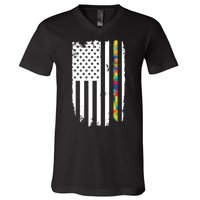 Distress Thin Puzzle Line Autism Awareness Tribute Flag V-Neck T-Shirt