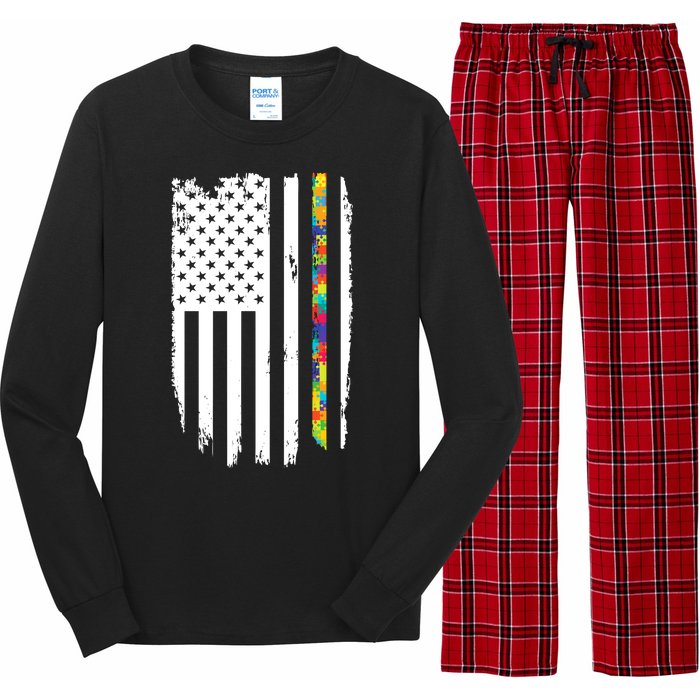 Distress Thin Puzzle Line Autism Awareness Tribute Flag Long Sleeve Pajama Set