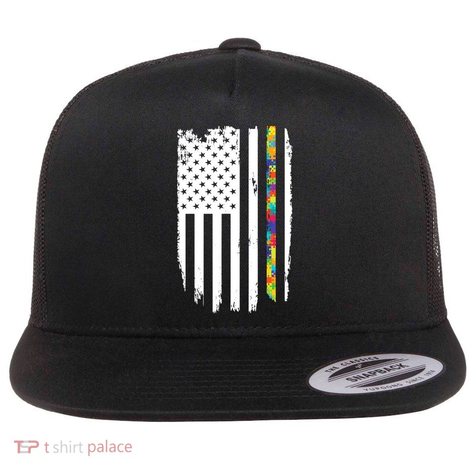 Distress Thin Puzzle Line Autism Awareness Tribute Flag Flat Bill Trucker Hat