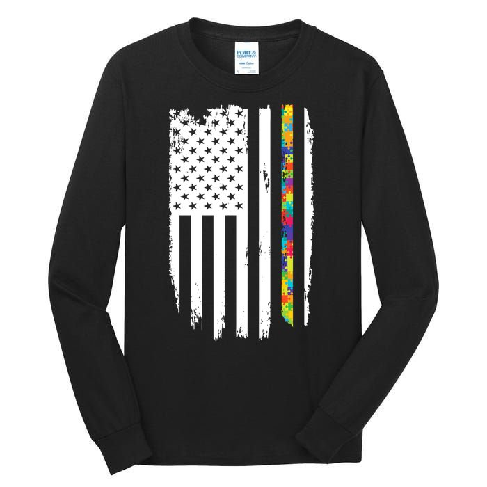 Distress Thin Puzzle Line Autism Awareness Tribute Flag Tall Long Sleeve T-Shirt