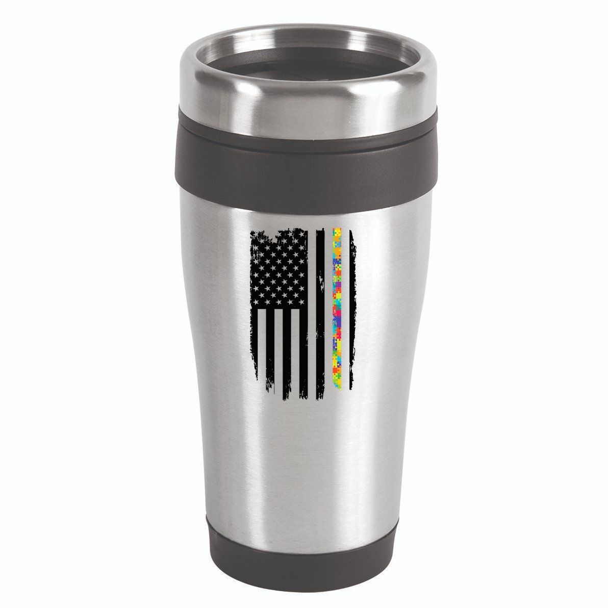 Distress Thin Puzzle Line Autism Awareness Tribute Flag 16oz Travel Tumbler