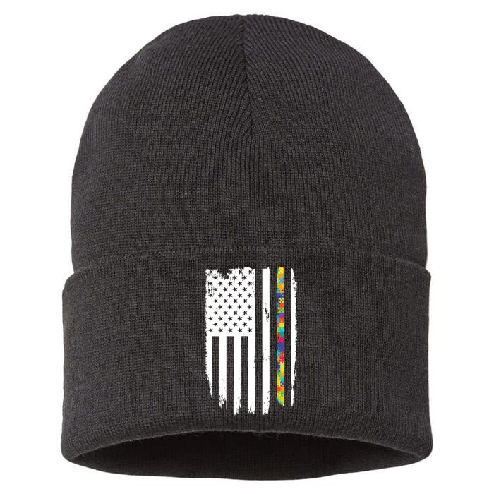 Distress Thin Puzzle Line Autism Awareness Tribute Flag Sustainable Knit Beanie